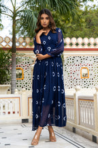 Navy Blue Tie and Dye Long Front Slit Chiffon Dress Bada Boota