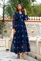 Navy Blue Tie and Dye Long Front Slit Chiffon Dress Bada Boota