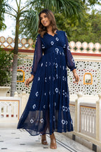 Navy Blue Tie and Dye Long Front Slit Chiffon Dress Bada Boota