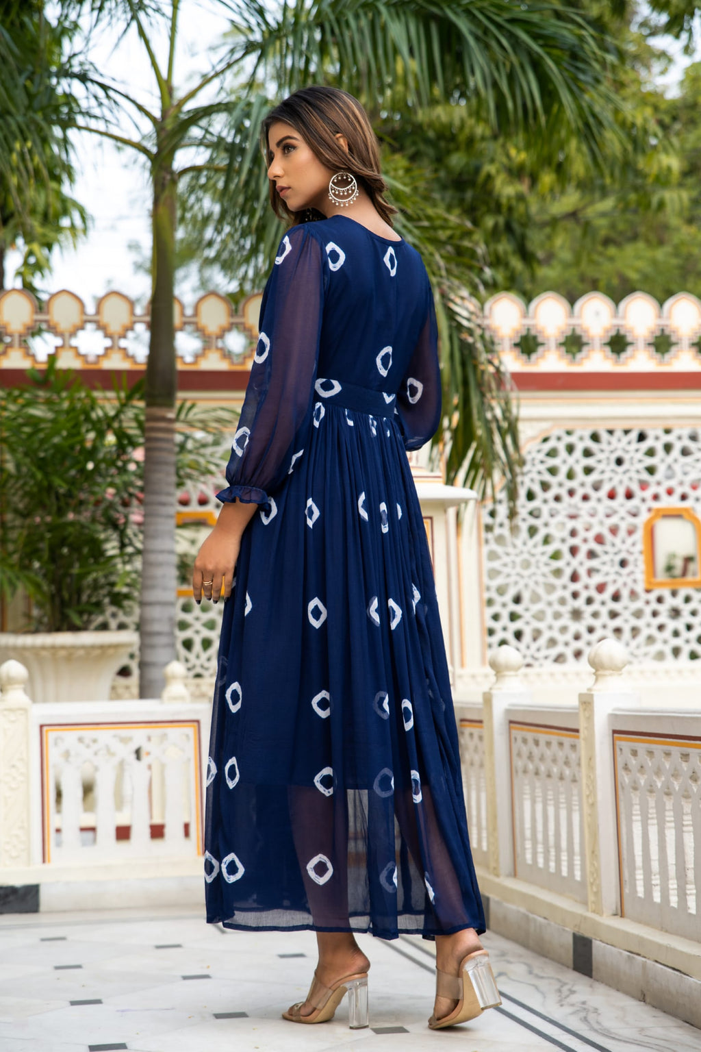 Navy Blue Tie and Dye Long Front Slit Chiffon Dress Bada Boota