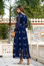 Navy Blue Tie and Dye Long Front Slit Chiffon Dress Bada Boota