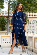 Navy Blue Tie and Dye Long Front Slit Chiffon Dress Bada Boota