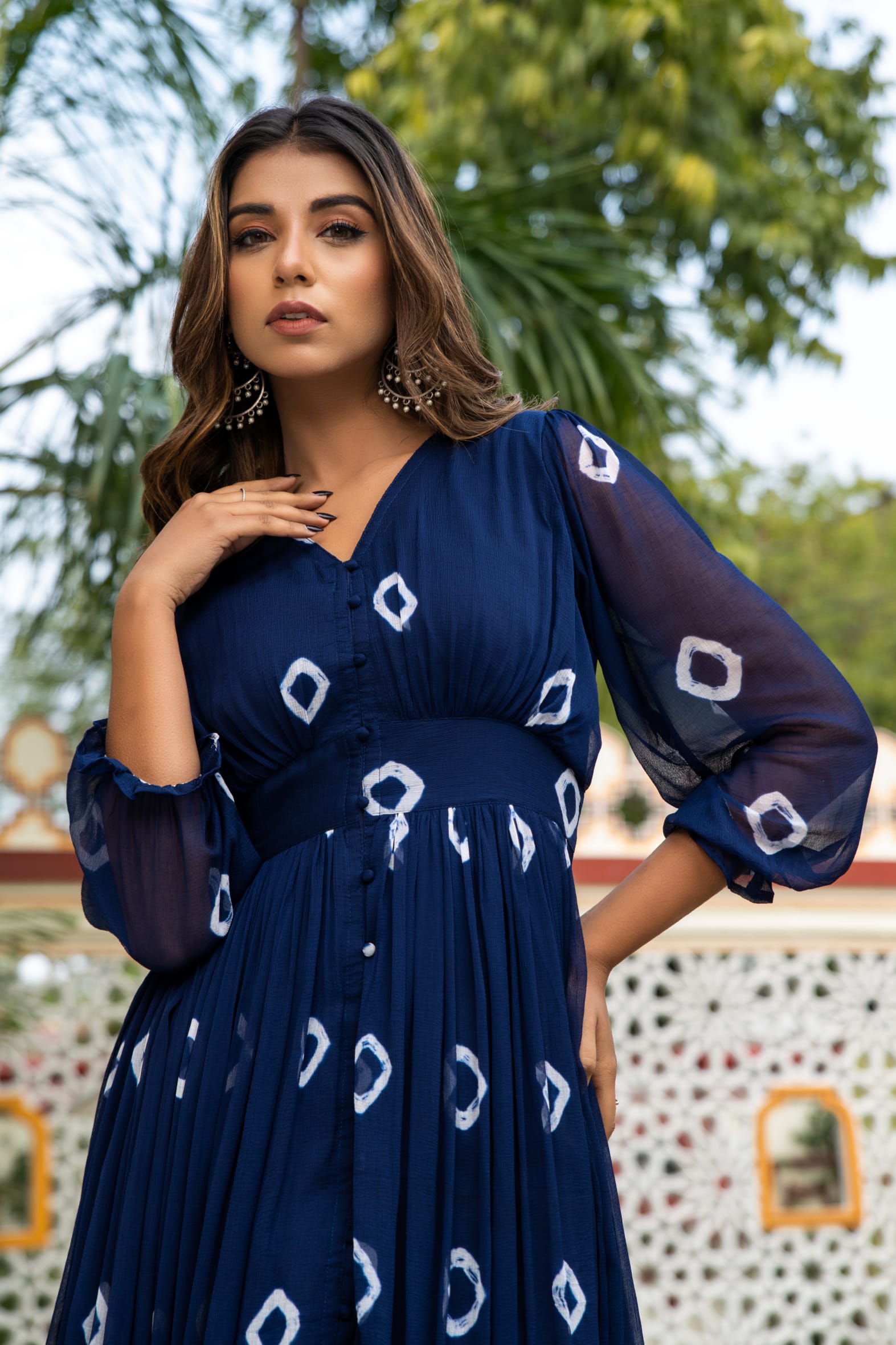 Navy Blue Tie and Dye Long Front Slit Chiffon Dress Bada Boota