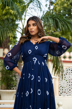 Navy Blue Tie and Dye Long Front Slit Chiffon Dress Bada Boota