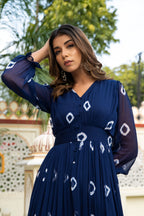 Navy Blue Tie and Dye Long Front Slit Chiffon Dress Bada Boota