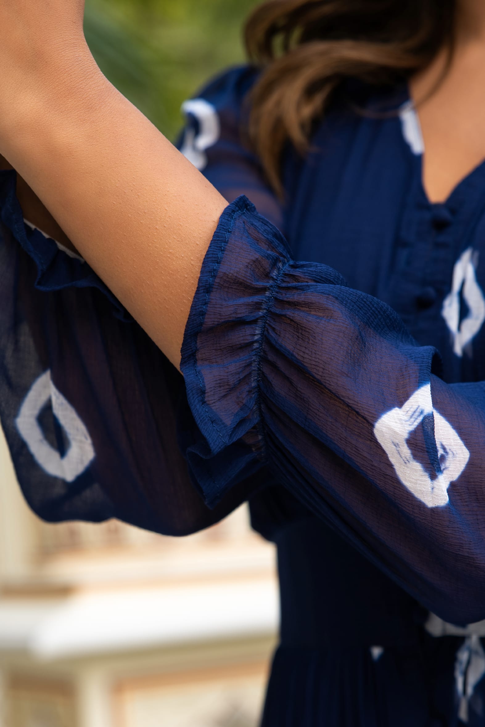 Navy Blue Tie and Dye Long Front Slit Chiffon Dress Bada Boota