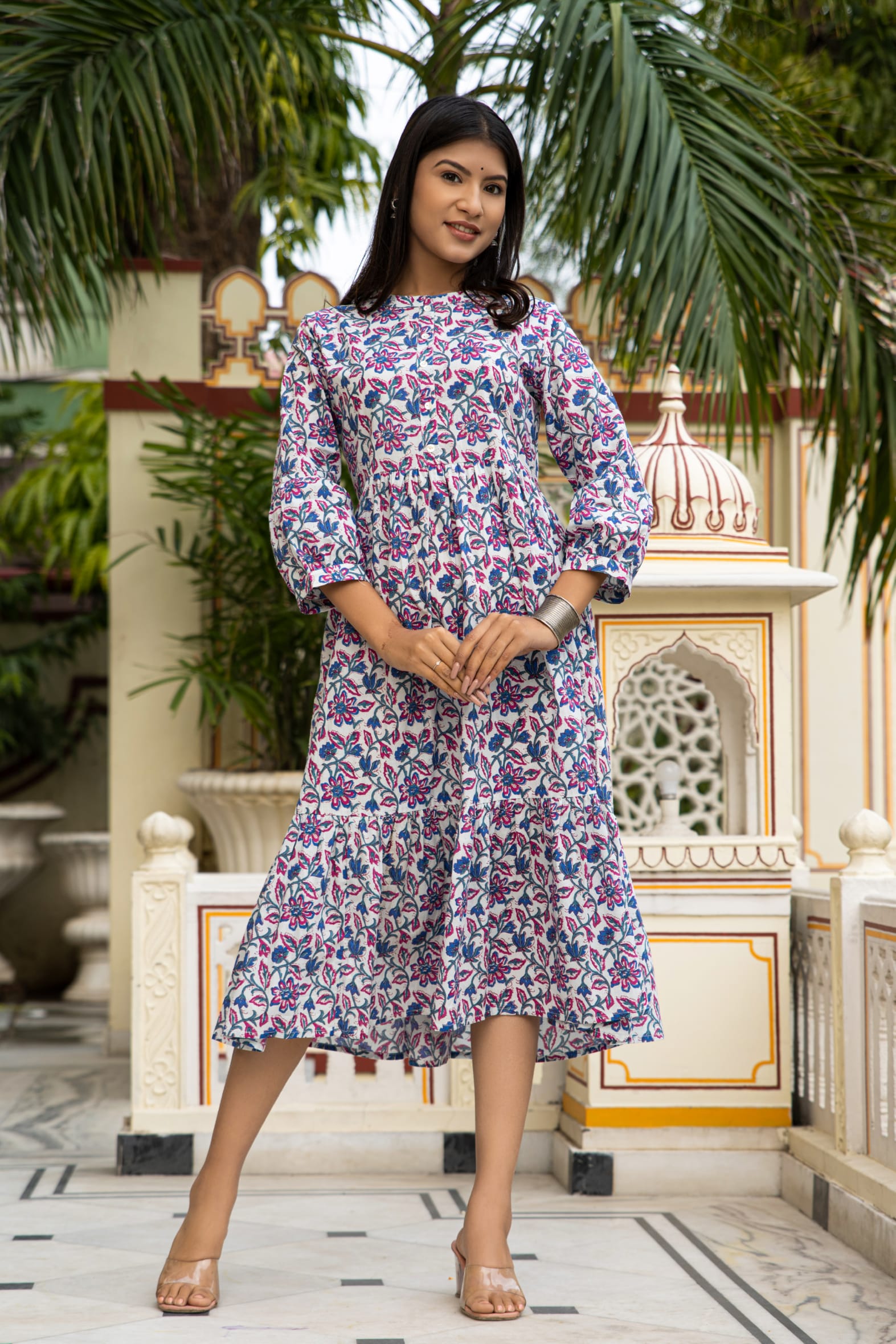 White Blue Hand Block Printed Cotton Dress Bada Boota