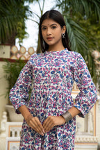 White Blue Hand Block Printed Cotton Dress Bada Boota