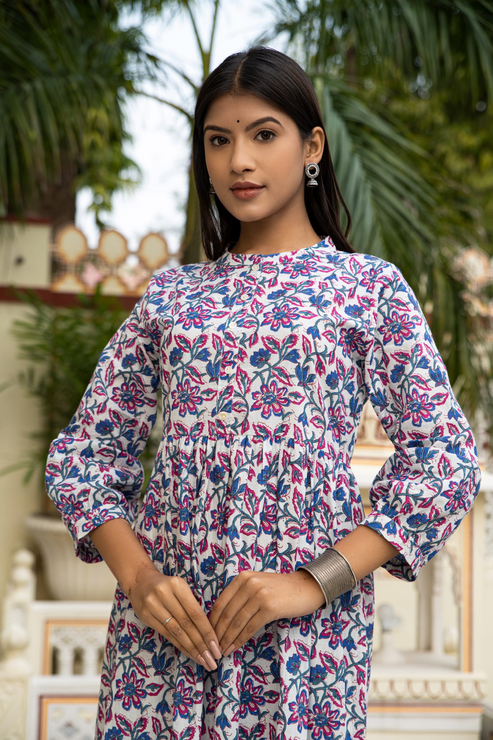 White Blue Hand Block Printed Cotton Dress Bada Boota