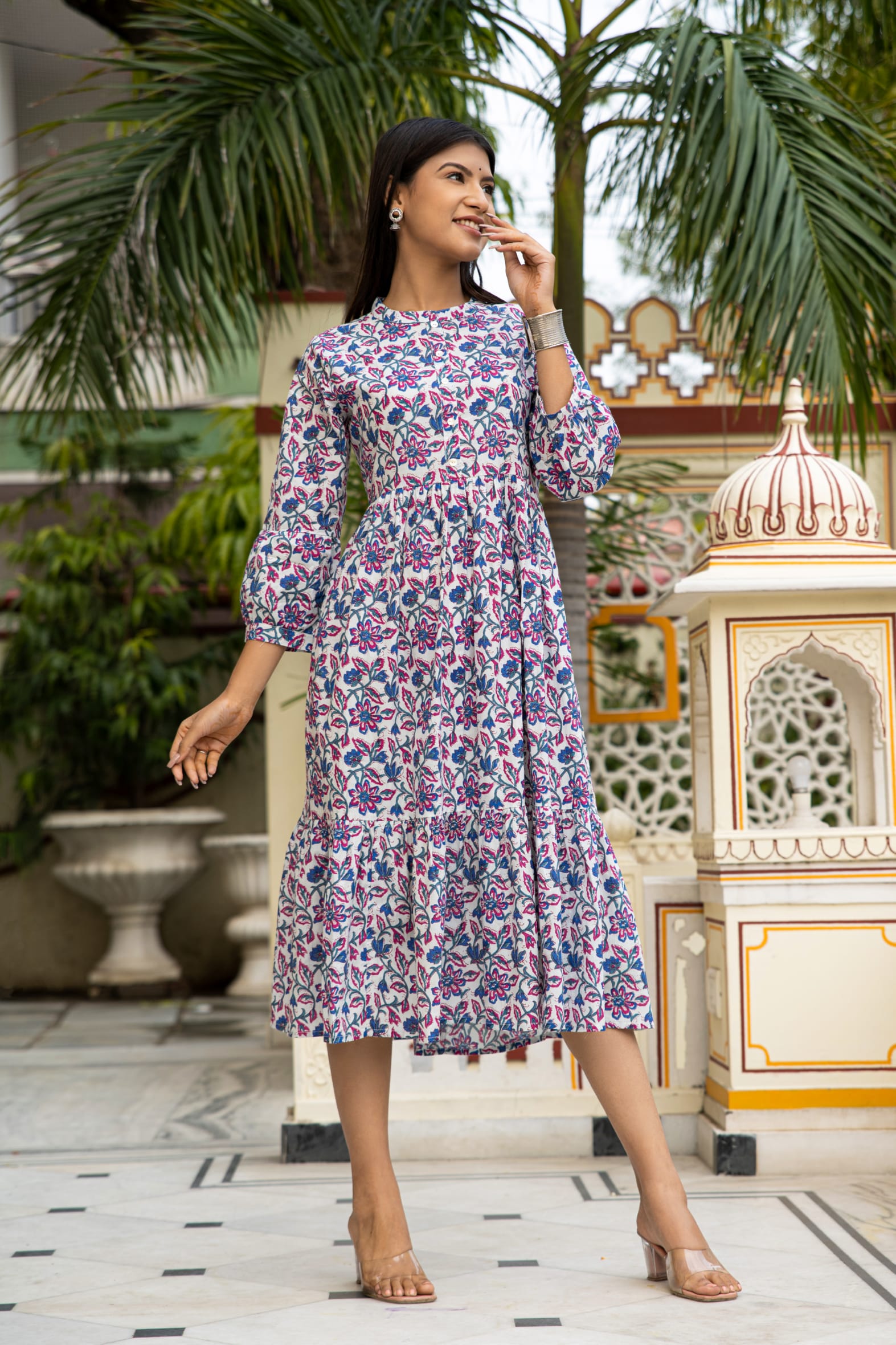 White Blue Hand Block Printed Cotton Dress Bada Boota