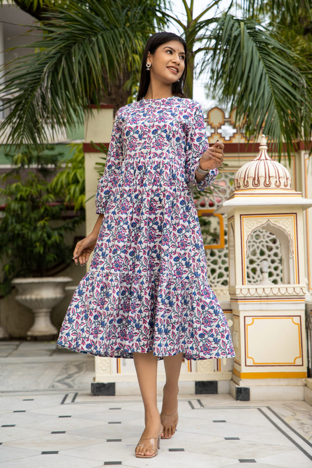White Blue Hand Block Printed Cotton Dress Bada Boota