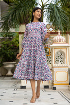 White Blue Hand Block Printed Cotton Dress Bada Boota
