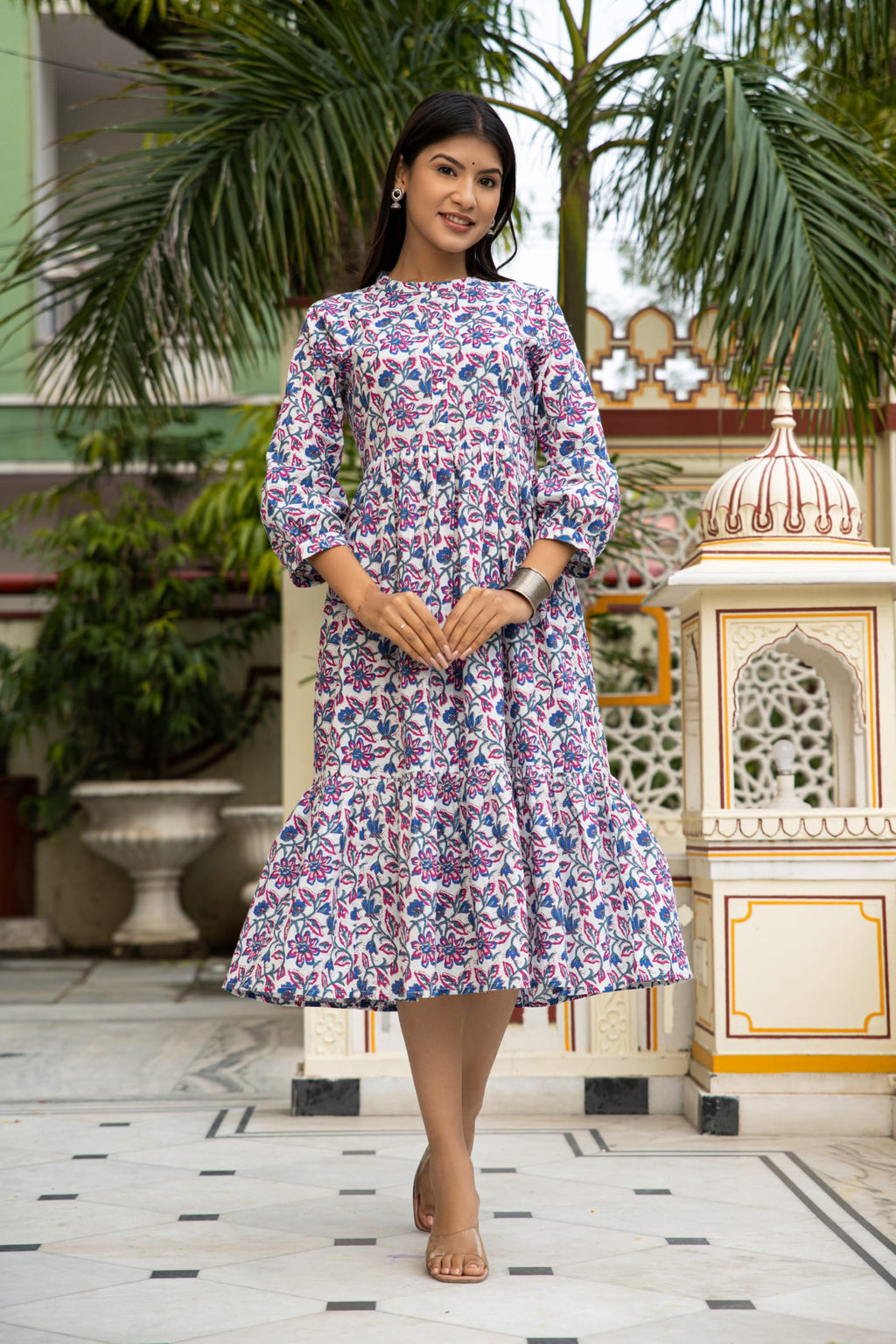 White Blue Hand Block Printed Cotton Dress Bada Boota