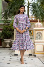 White Blue Hand Block Printed Cotton Dress Bada Boota