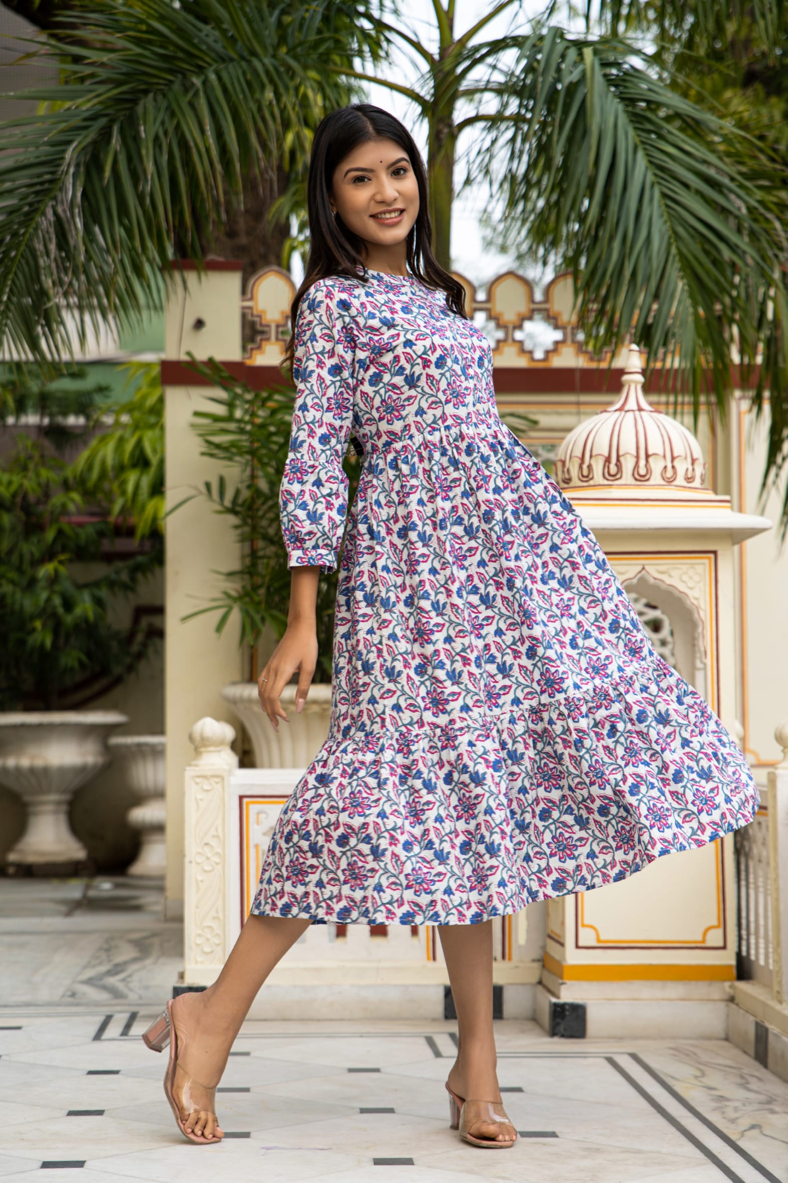 White Blue Hand Block Printed Cotton Dress Bada Boota