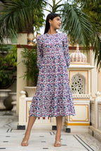 White Blue Hand Block Printed Cotton Dress Bada Boota