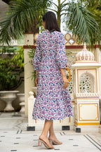 White Blue Hand Block Printed Cotton Dress Bada Boota