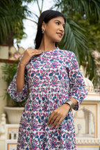 White Blue Hand Block Printed Cotton Dress Bada Boota