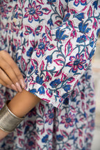 White Blue Hand Block Printed Cotton Dress Bada Boota
