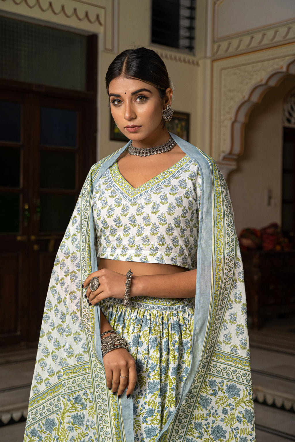 White Blue Hand Block Printed Cotton Lehenga- Set of 3 Bada Boota