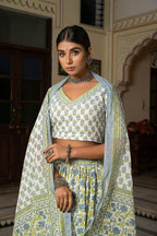White Blue Hand Block Printed Cotton Lehenga- Set of 3 Bada Boota