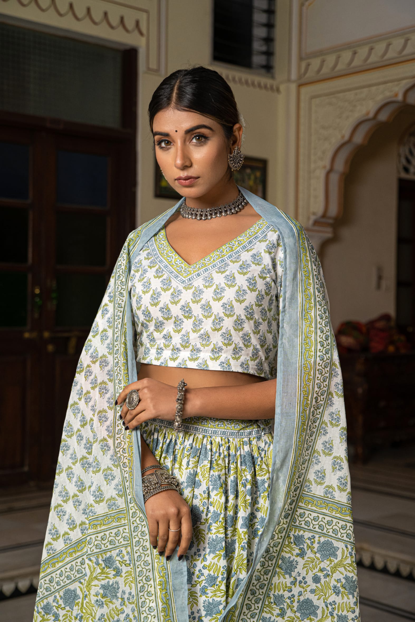 White Blue Hand Block Printed Cotton Lehenga- Set of 3 Bada Boota