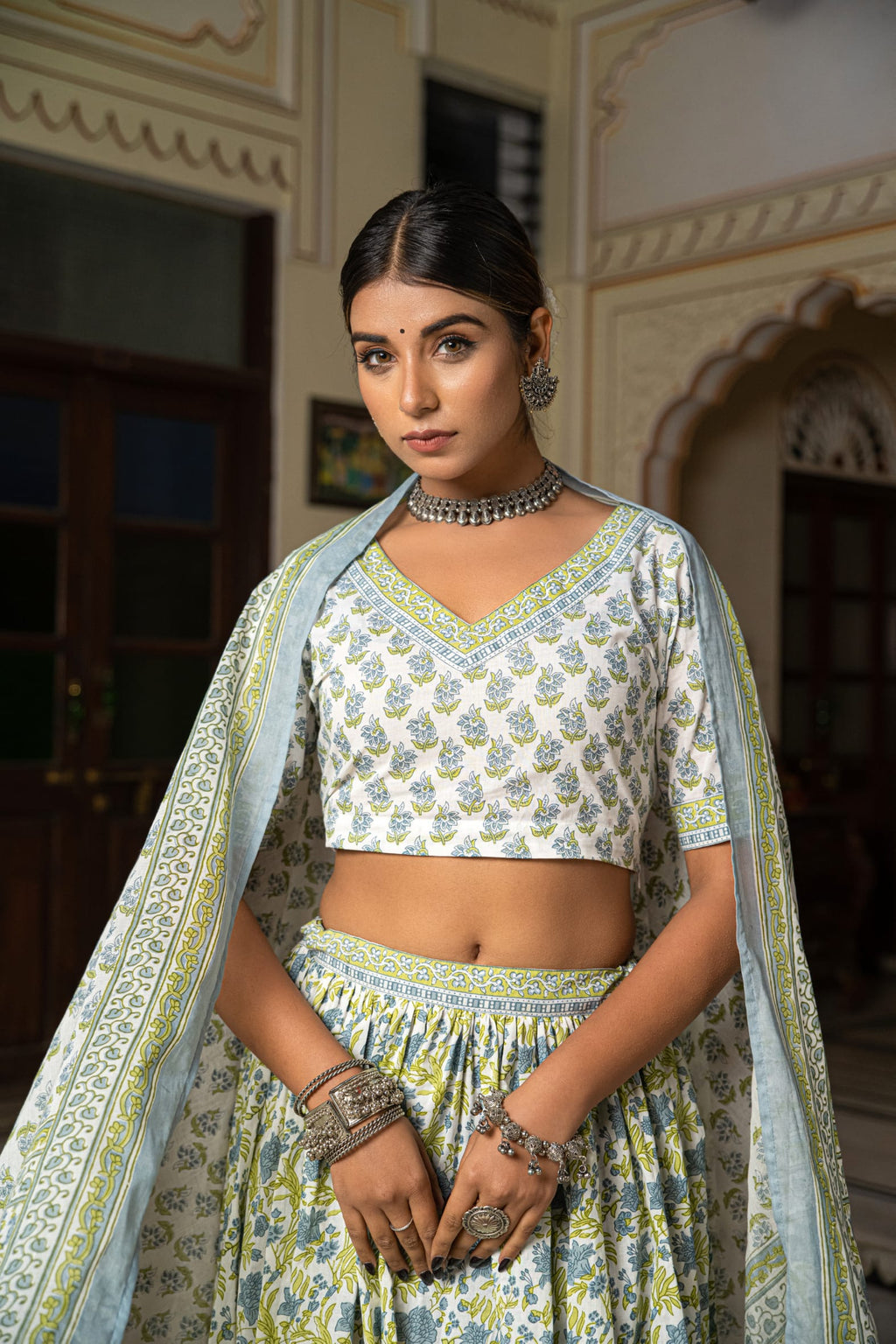 White Blue Hand Block Printed Cotton Lehenga- Set of 3 Bada Boota