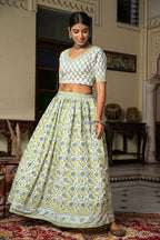 White Blue Hand Block Printed Cotton Lehenga- Set of 3 Bada Boota