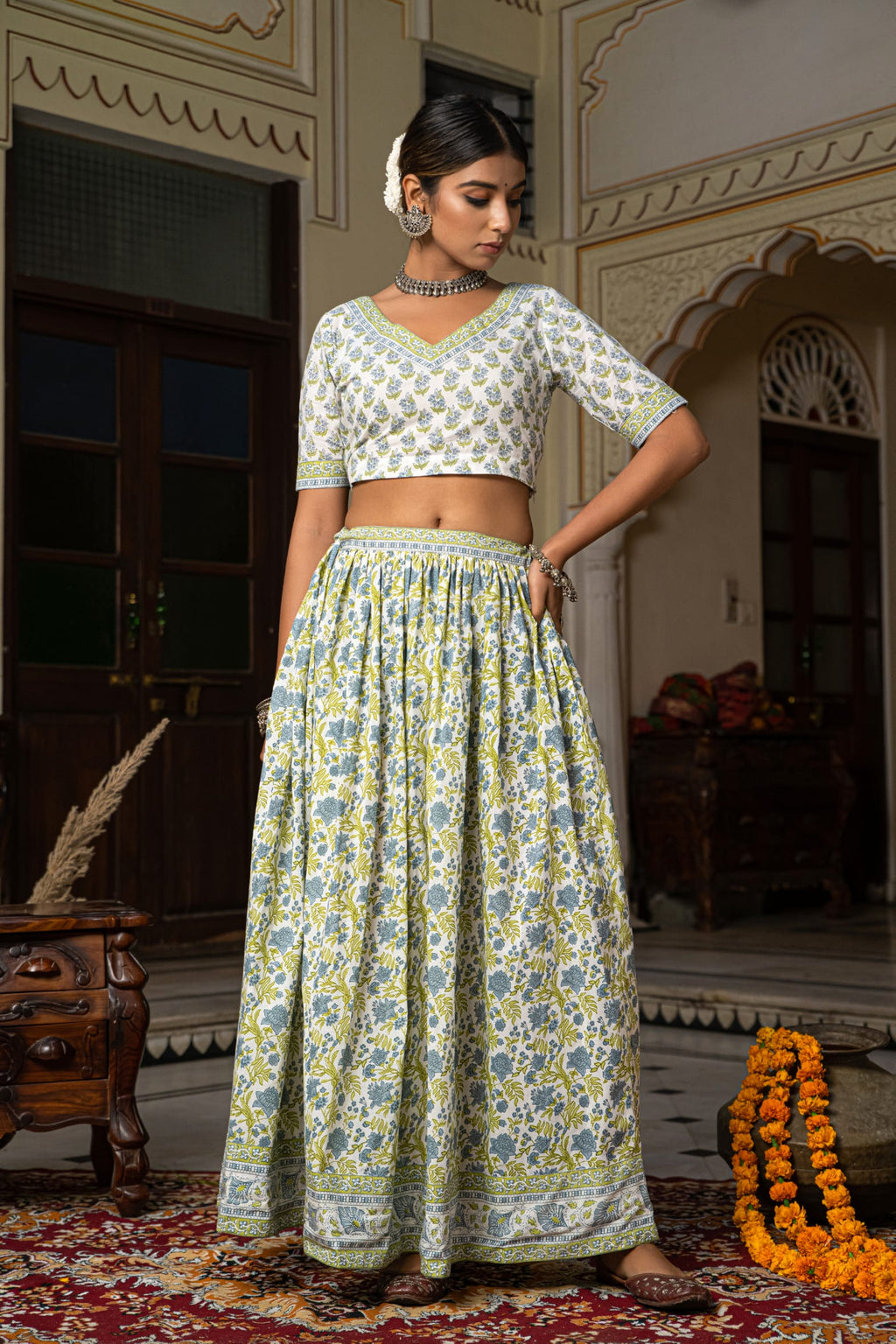 White Blue Hand Block Printed Cotton Lehenga- Set of 3 Bada Boota