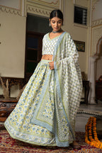 White Blue Hand Block Printed Cotton Lehenga- Set of 3 Bada Boota