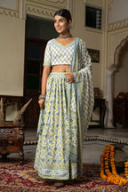 White Blue Hand Block Printed Cotton Lehenga- Set of 3 Bada Boota