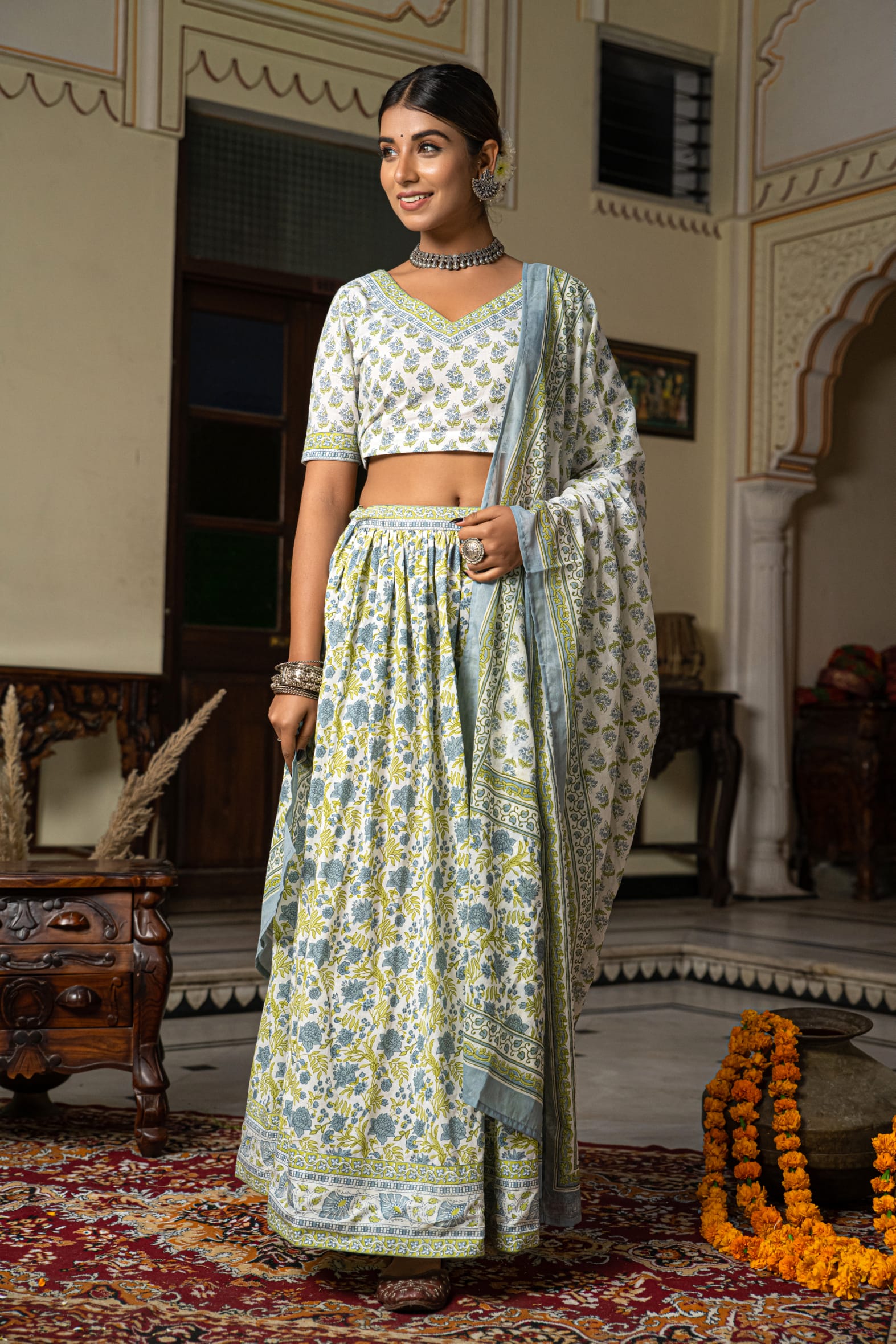 White Blue Hand Block Printed Cotton Lehenga- Set of 3 Bada Boota