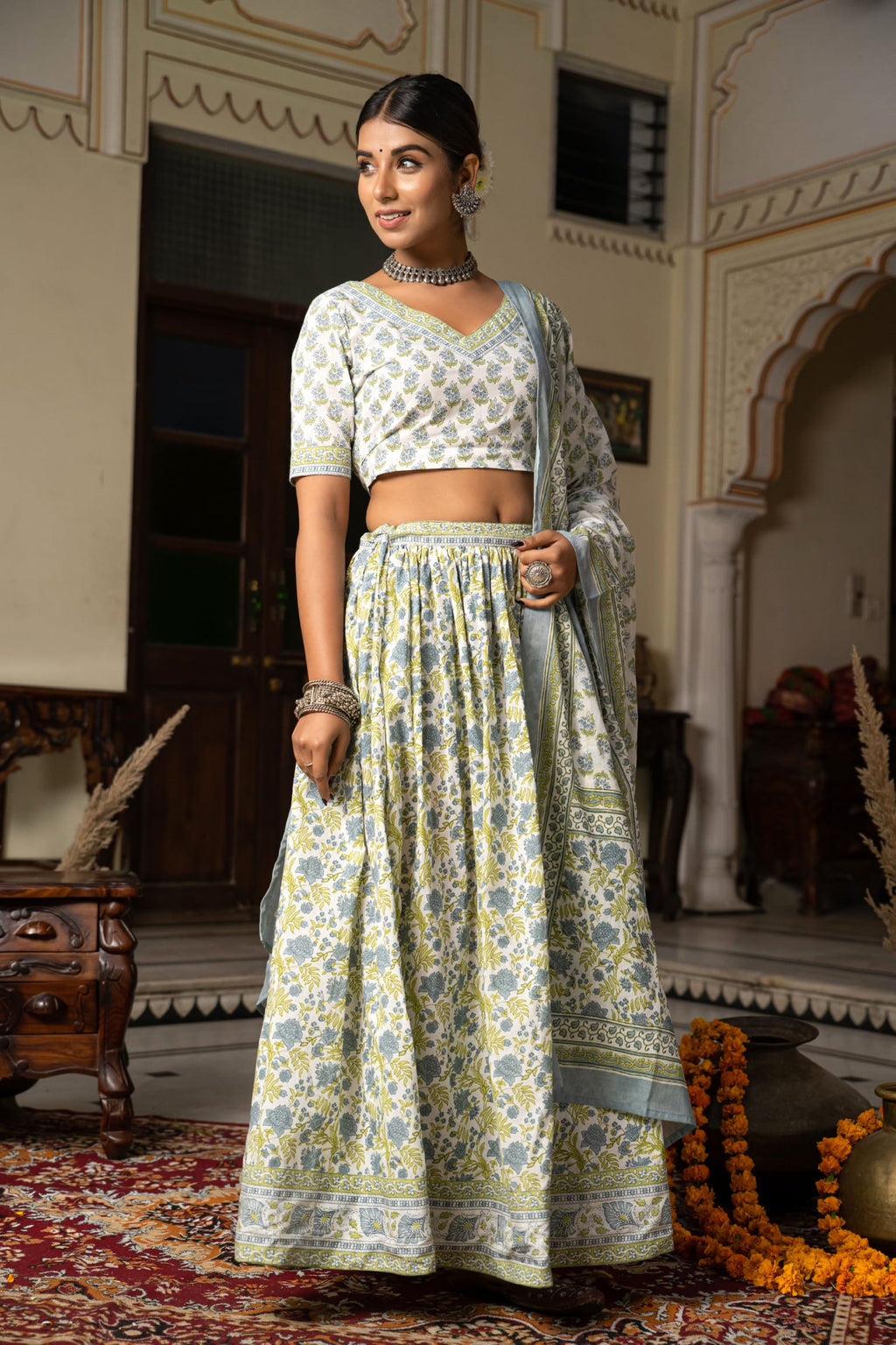 White Blue Hand Block Printed Cotton Lehenga- Set of 3 Bada Boota