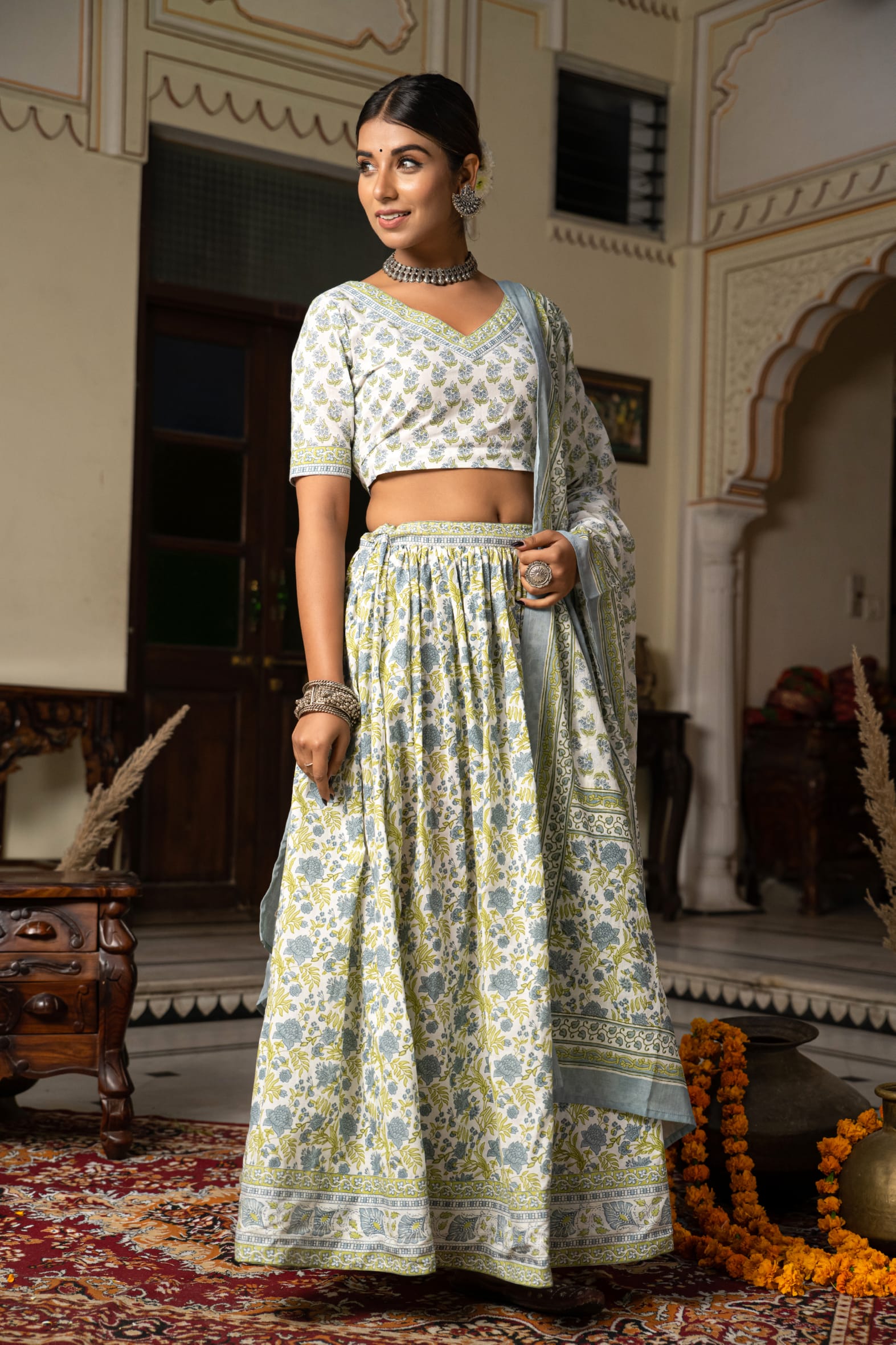 White Blue Hand Block Printed Cotton Lehenga- Set of 3 Bada Boota