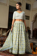 White Blue Hand Block Printed Cotton Lehenga- Set of 3 Bada Boota