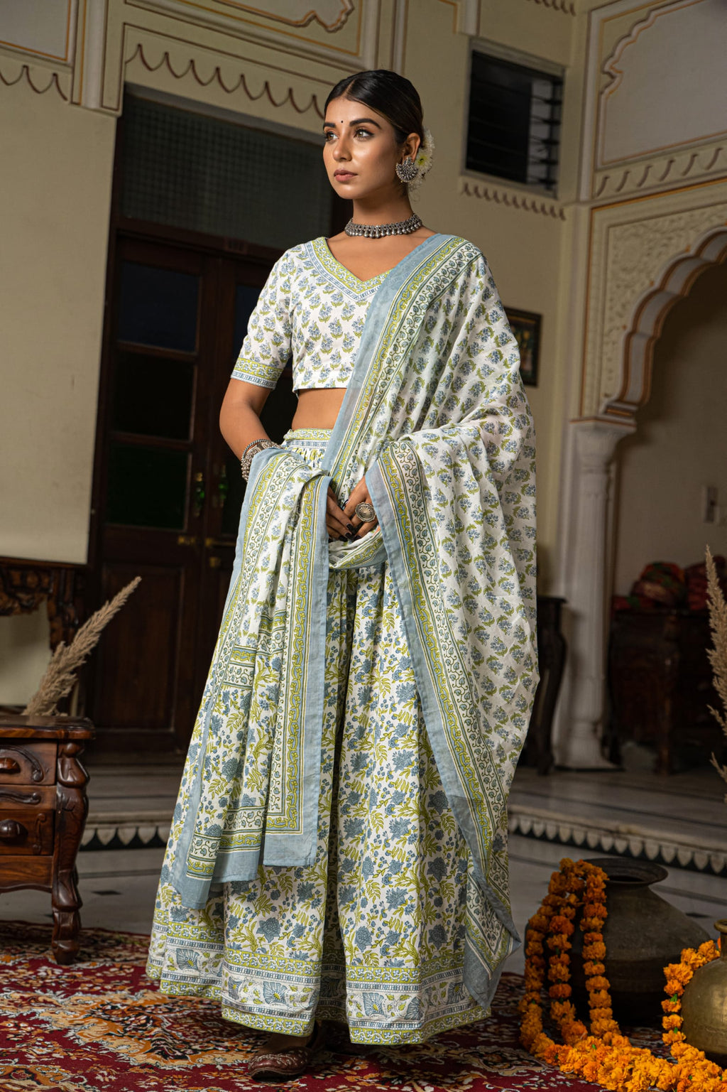 White Blue Hand Block Printed Cotton Lehenga- Set of 3 Bada Boota