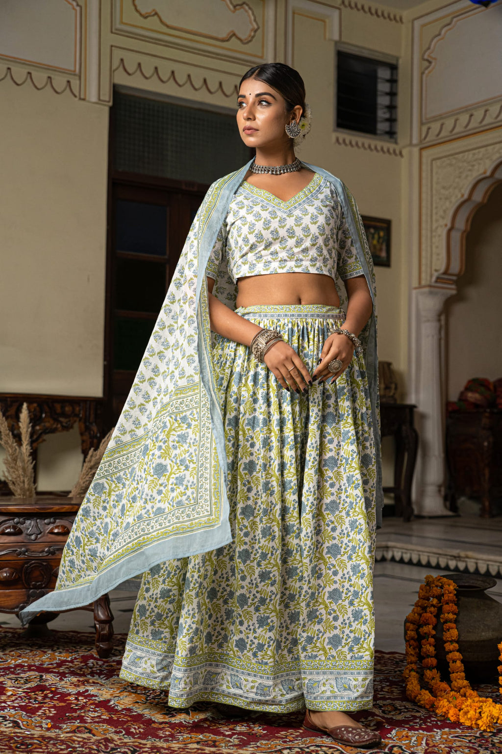 White Blue Hand Block Printed Cotton Lehenga- Set of 3 Bada Boota