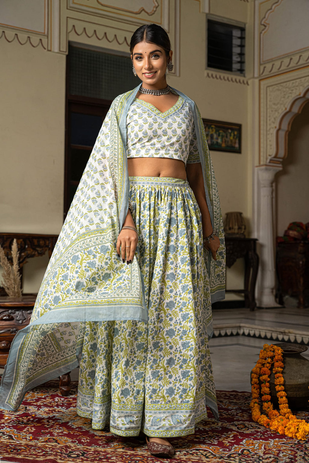 White Blue Hand Block Printed Cotton Lehenga- Set of 3 Bada Boota