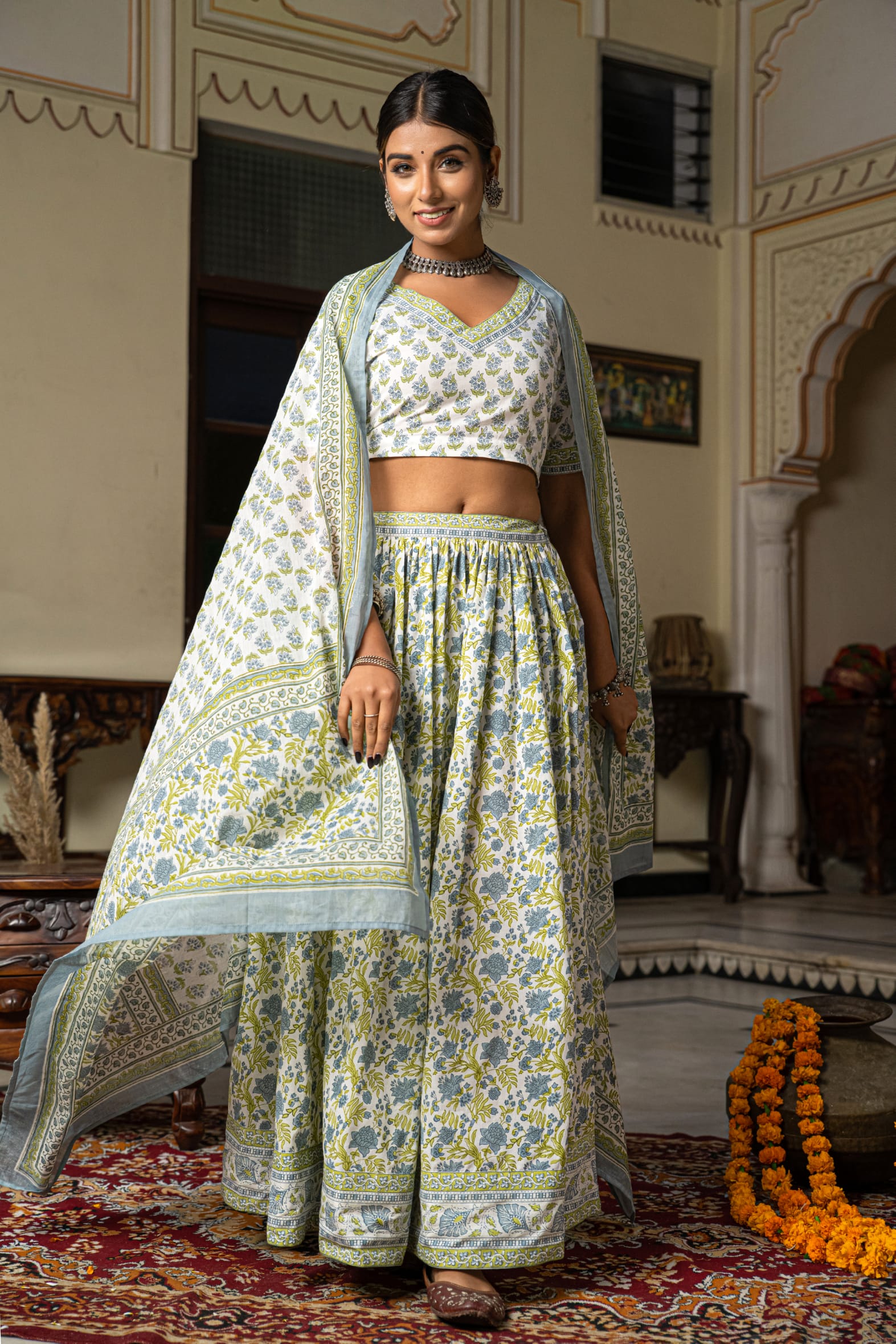 White Blue Hand Block Printed Cotton Lehenga- Set of 3 Bada Boota