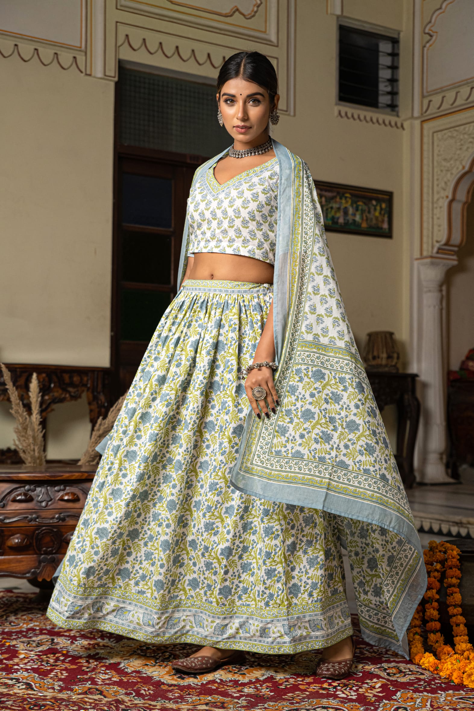 White Blue Hand Block Printed Cotton Lehenga- Set of 3 Bada Boota