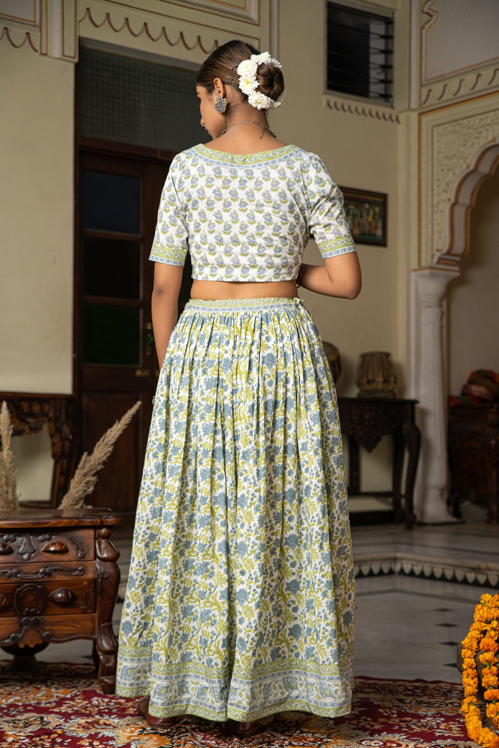 White Blue Hand Block Printed Cotton Lehenga- Set of 3 Bada Boota