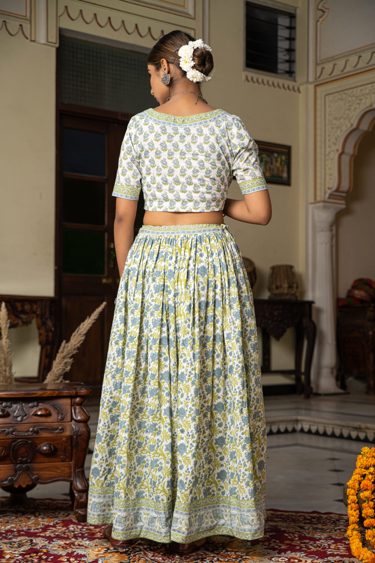 White Blue Hand Block Printed Cotton Lehenga- Set of 3 Bada Boota