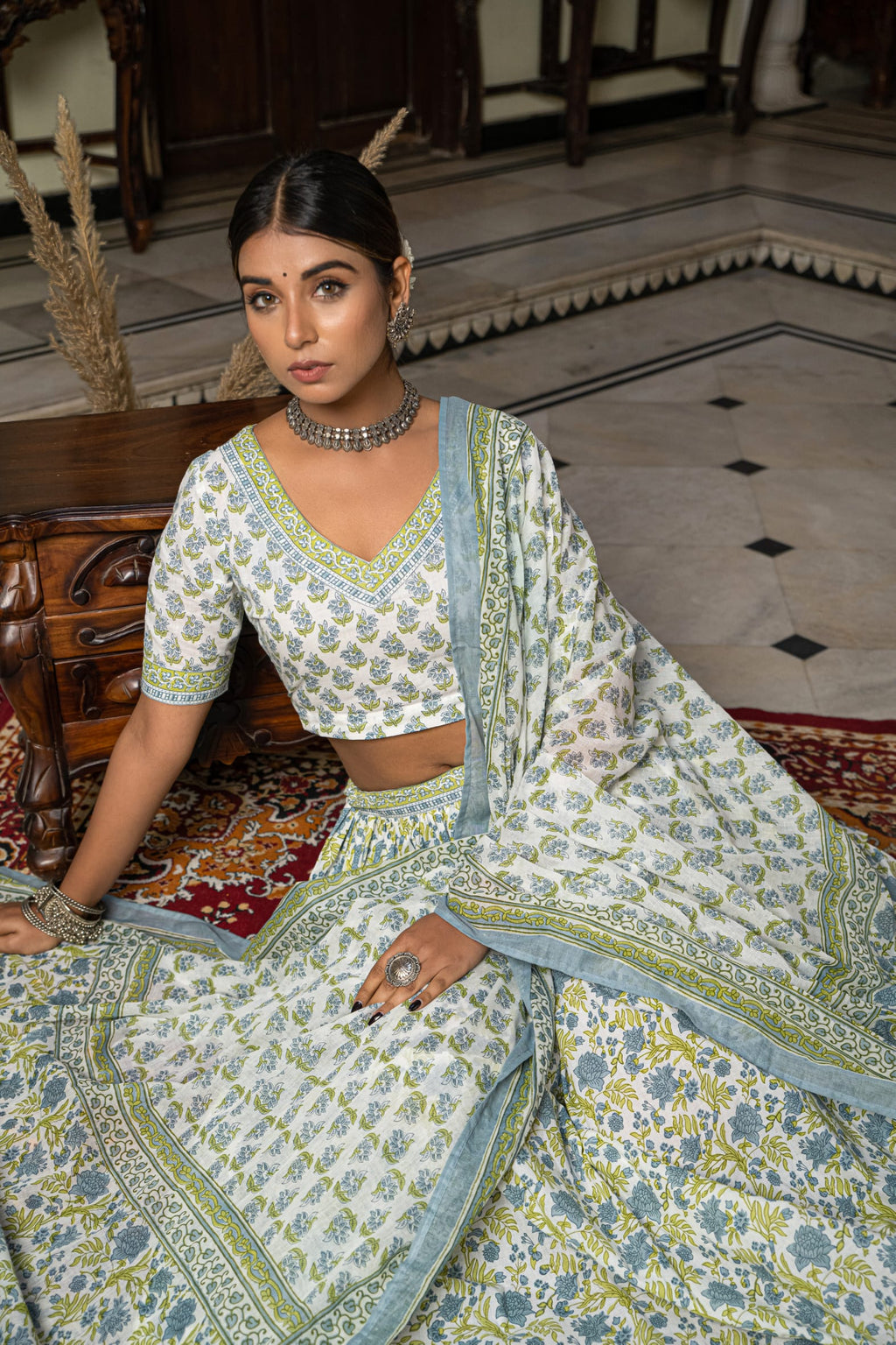 White Blue Hand Block Printed Cotton Lehenga- Set of 3 Bada Boota