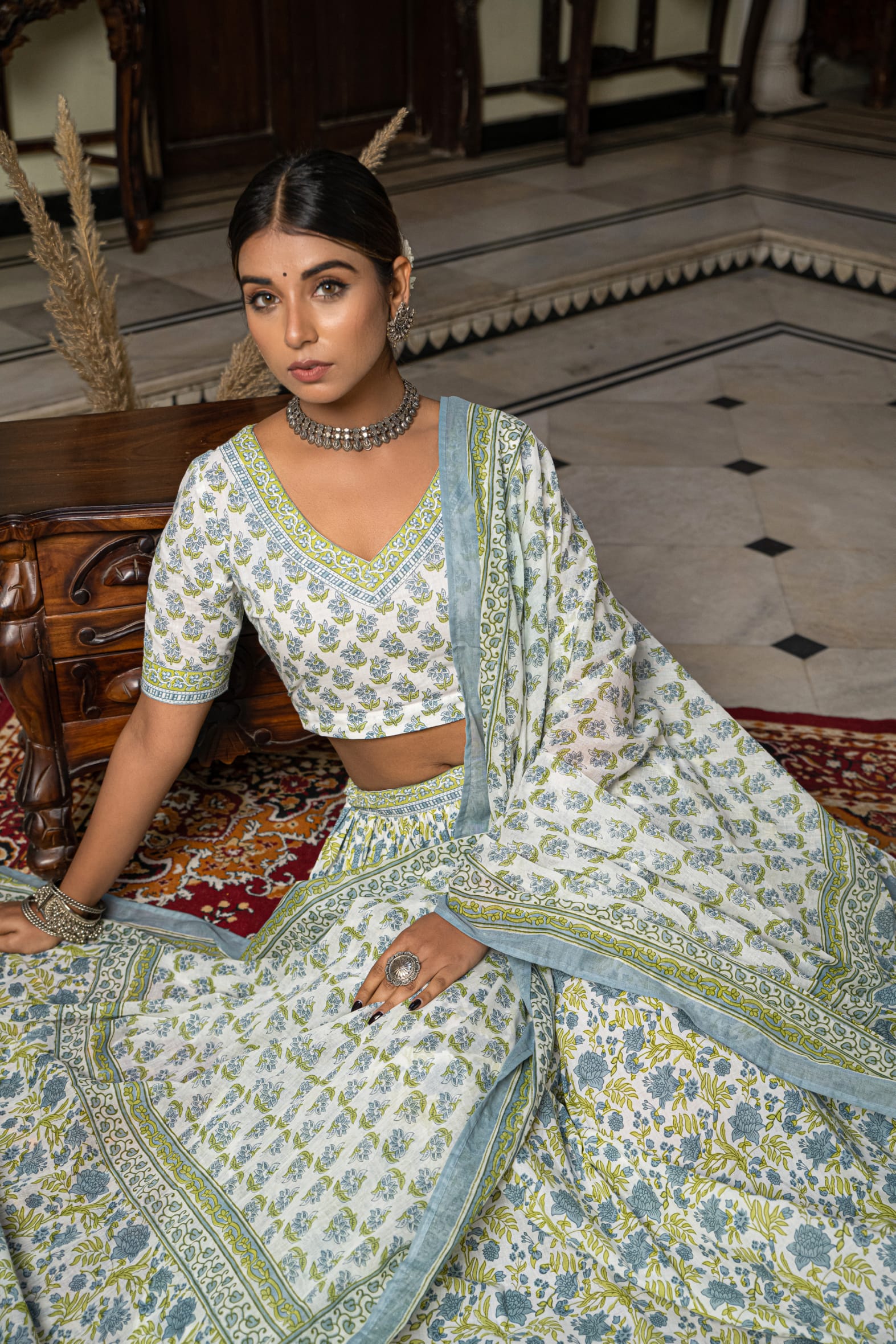 White Blue Hand Block Printed Cotton Lehenga- Set of 3 Bada Boota