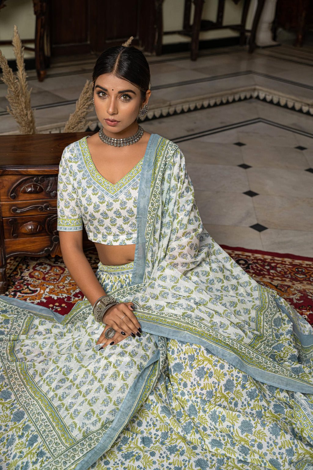 White Blue Hand Block Printed Cotton Lehenga- Set of 3 Bada Boota