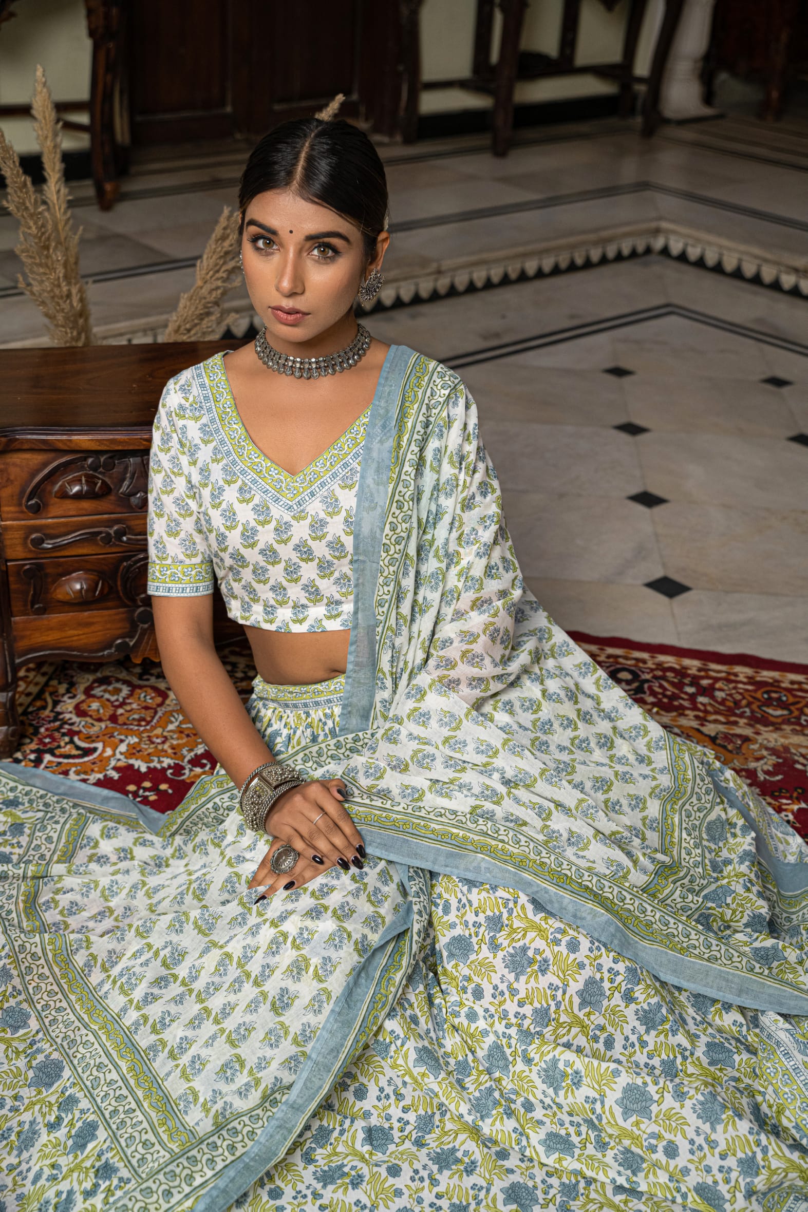 White Blue Hand Block Printed Cotton Lehenga- Set of 3 Bada Boota