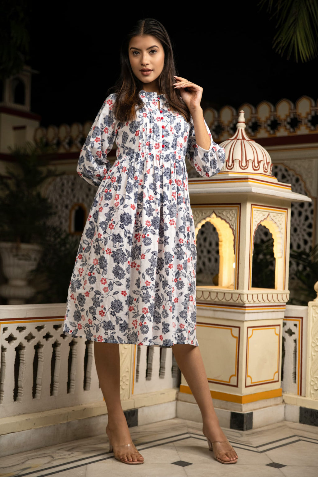 White Grey Hand Block Printed Cotton Dress Bada Boota
