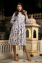 White Grey Hand Block Printed Cotton Dress Bada Boota