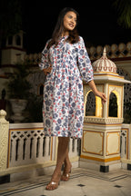 White Grey Hand Block Printed Cotton Dress Bada Boota