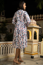 White Grey Hand Block Printed Cotton Dress Bada Boota